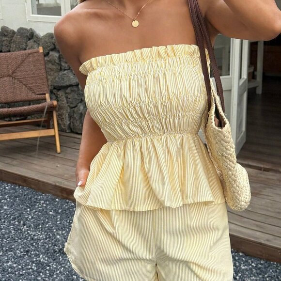 Yellow Boho Womens Striped tube Top And Shorts Set - Picture 11 of 11